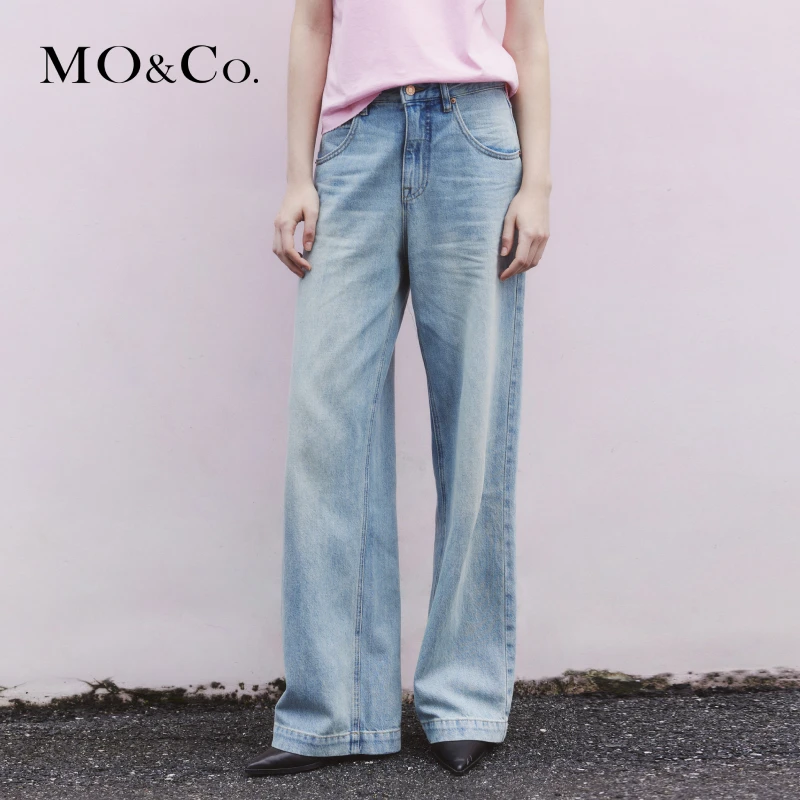 MOCO水洗高腰休闲复古阔腿直筒裤牛仔裤MBA1JENT14