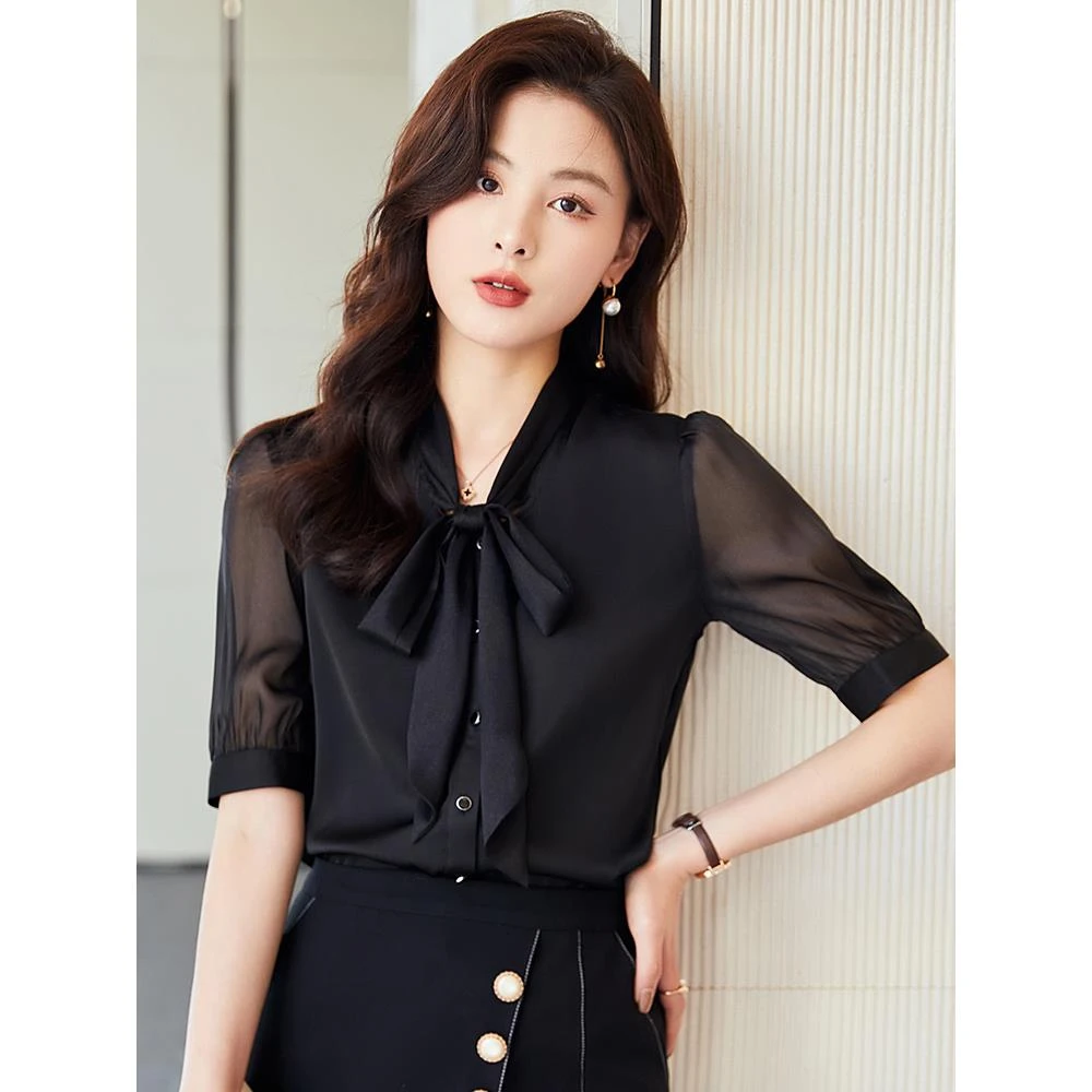 黑色短袖衬衫女夏季薄款法式气质蝴蝶结飘带夏款雪纺职业衬衣套装