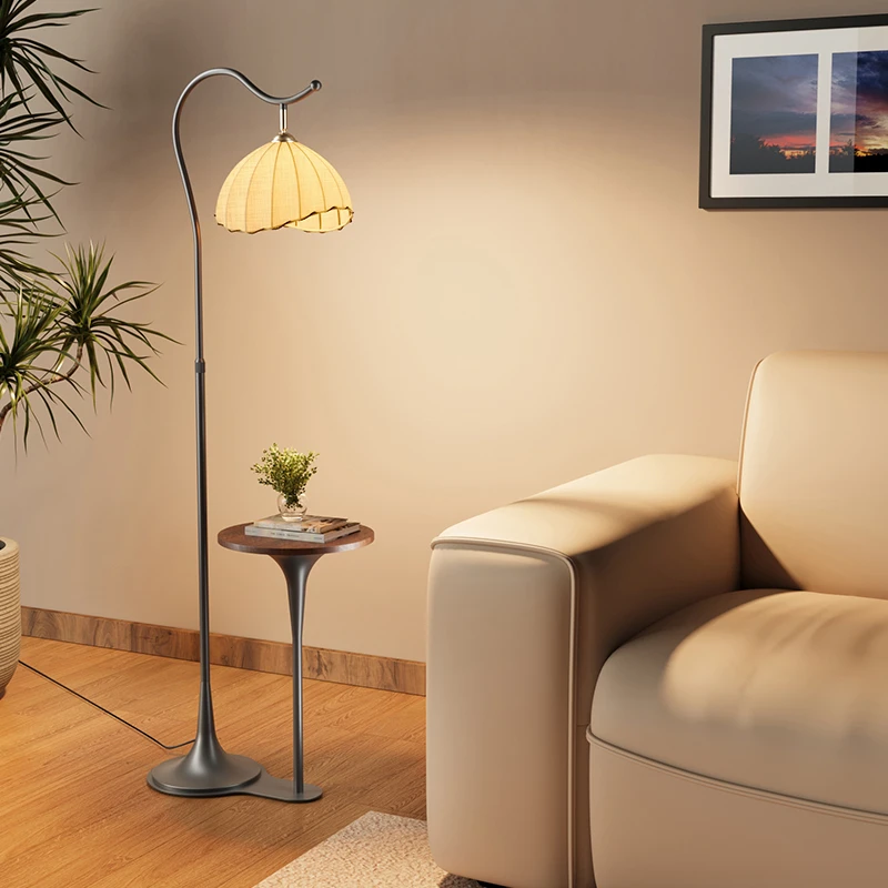 复古中古风卧室床头置物架一体落地灯客厅沙发旁氛围感落地灯