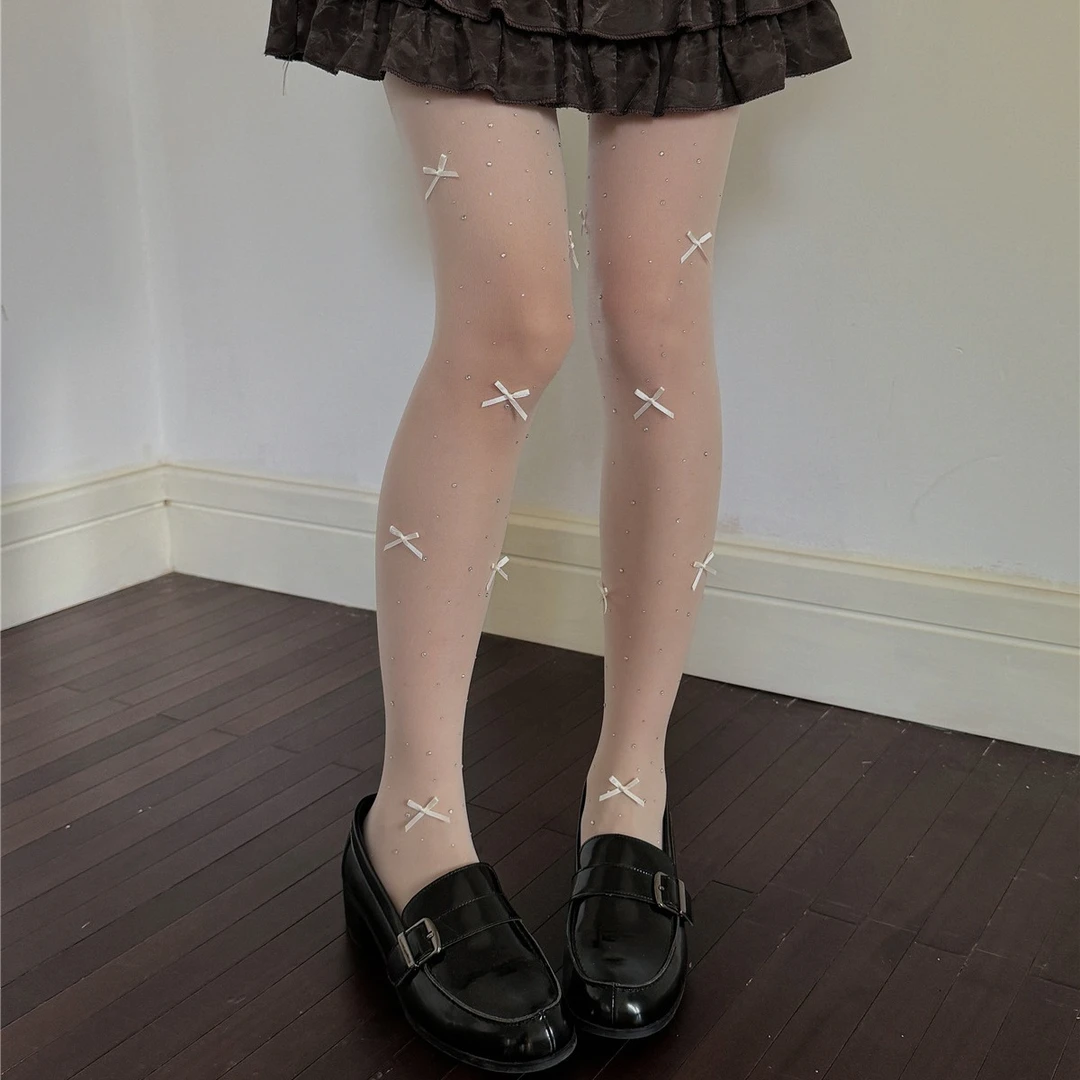 PATTKIN少女系蝴蝶结闪钻丝袜白色甜妹防勾丝连裤袜女