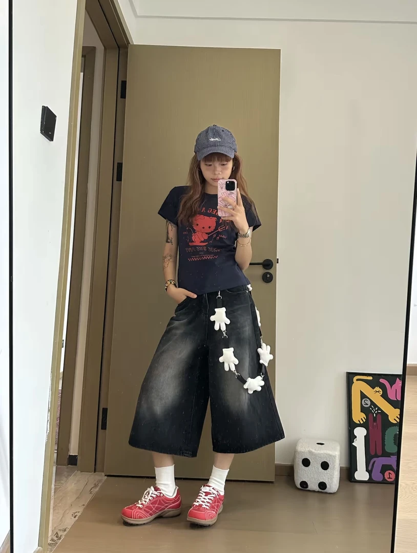 美式黑灰设计感七分牛仔裤女2025夏季新款高腰显瘦直筒垂感阔腿裤