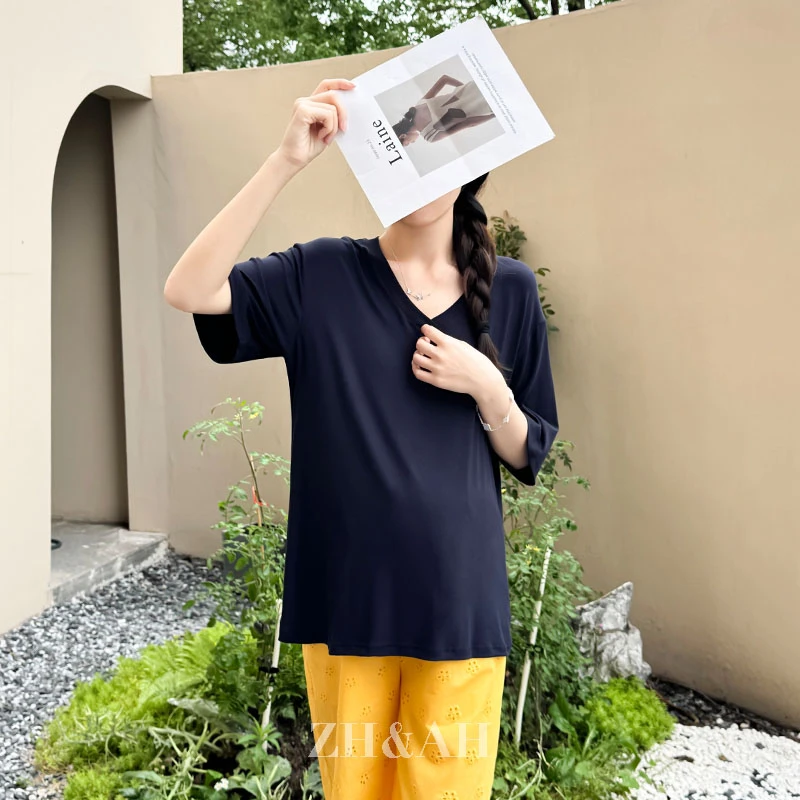 ZH&AH【冰感】夏季新款时尚气质百搭设计感极简舒适孕期通勤 T 恤