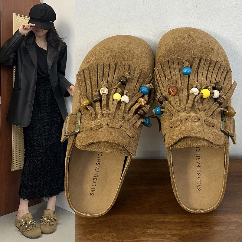 复古流苏勃肯软底包头拖鞋女2025夏新款外穿懒人一脚蹬厚底凉拖鞋