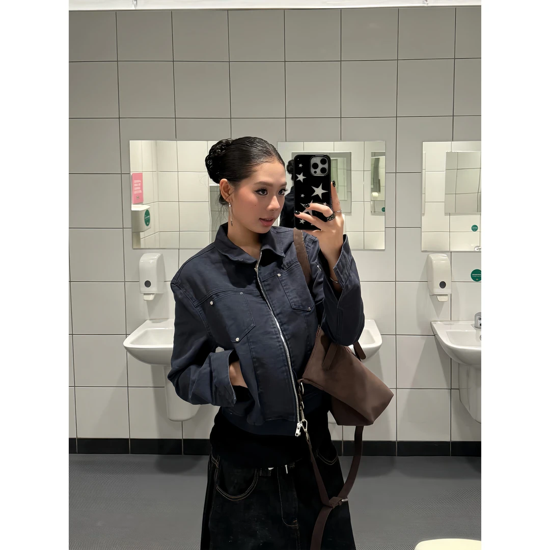 美式复古铆钉短款夹克高级质感翻领外套女秋季辣妹休闲百搭上衣