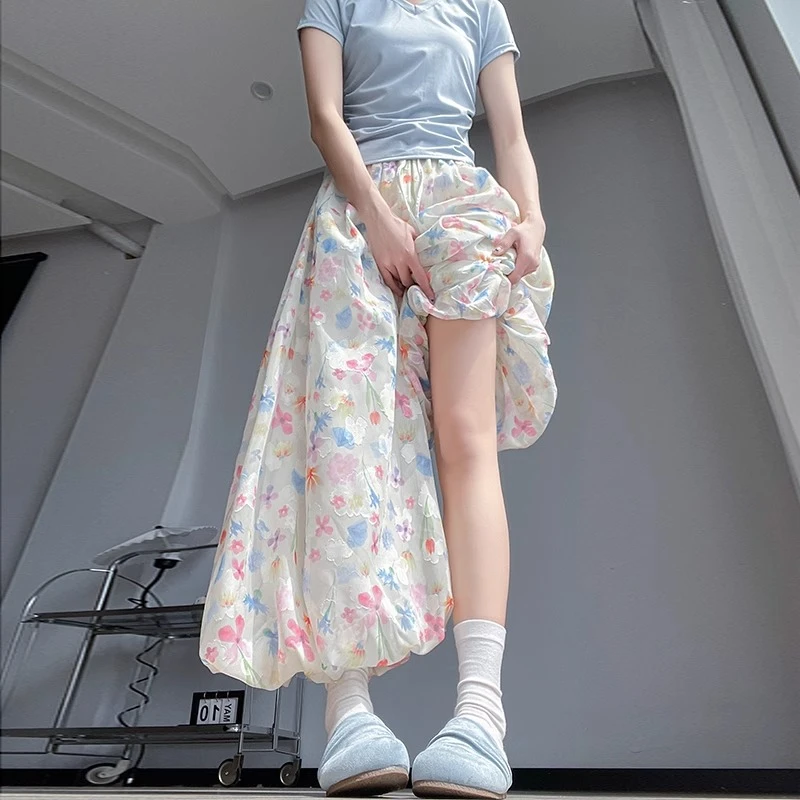 甜美彩色碎花花苞裙裤女2025夏阔腿温柔高腰百搭显瘦休闲蓬蓬裤裙