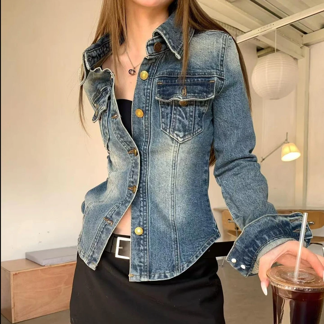番茄妹妹Toma秋款2025复古休闲牛仔wait美式水洗POLO上衣衬衫外套
