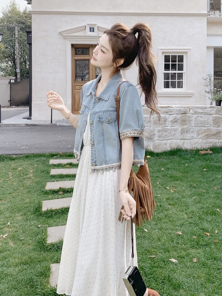 妮妮家2625波西米亚风牛仔开衫外套➕吊带连衣裙两件套