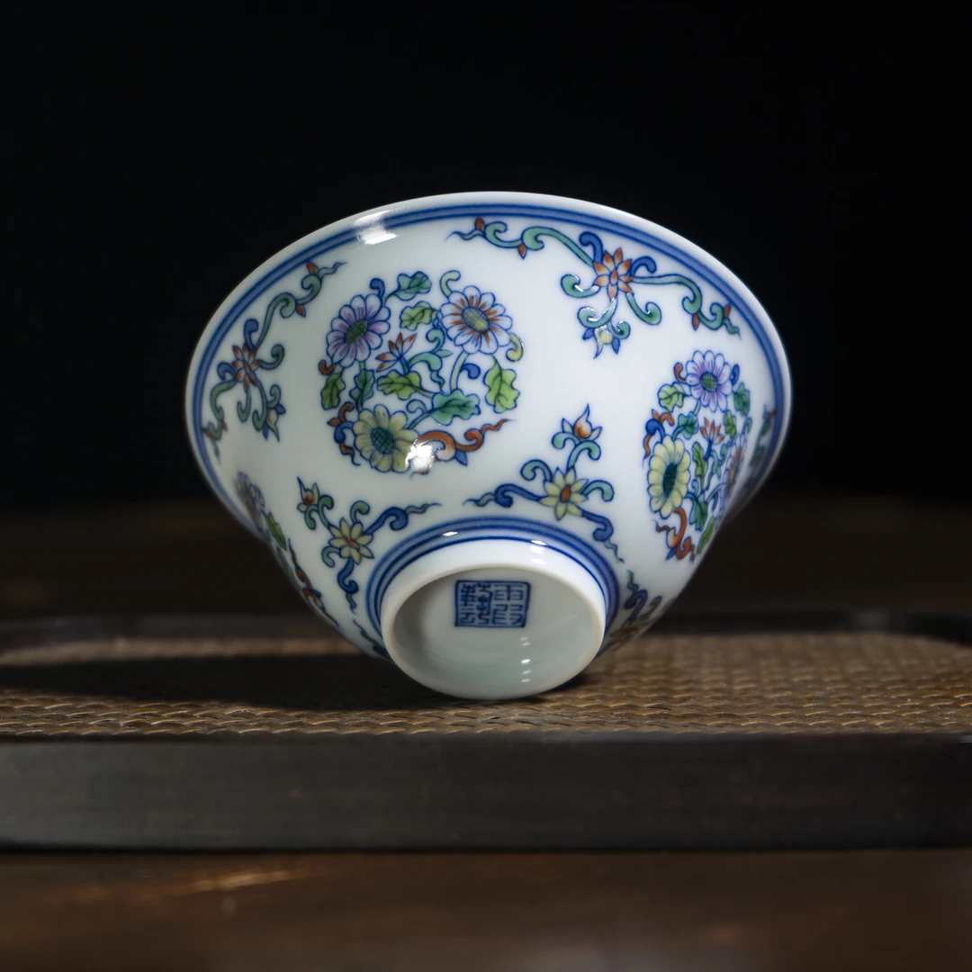 霞艺斗彩陶瓷团菊斗笠杯青花斗彩仿古泥手绘茶杯品茗杯茶具主人杯