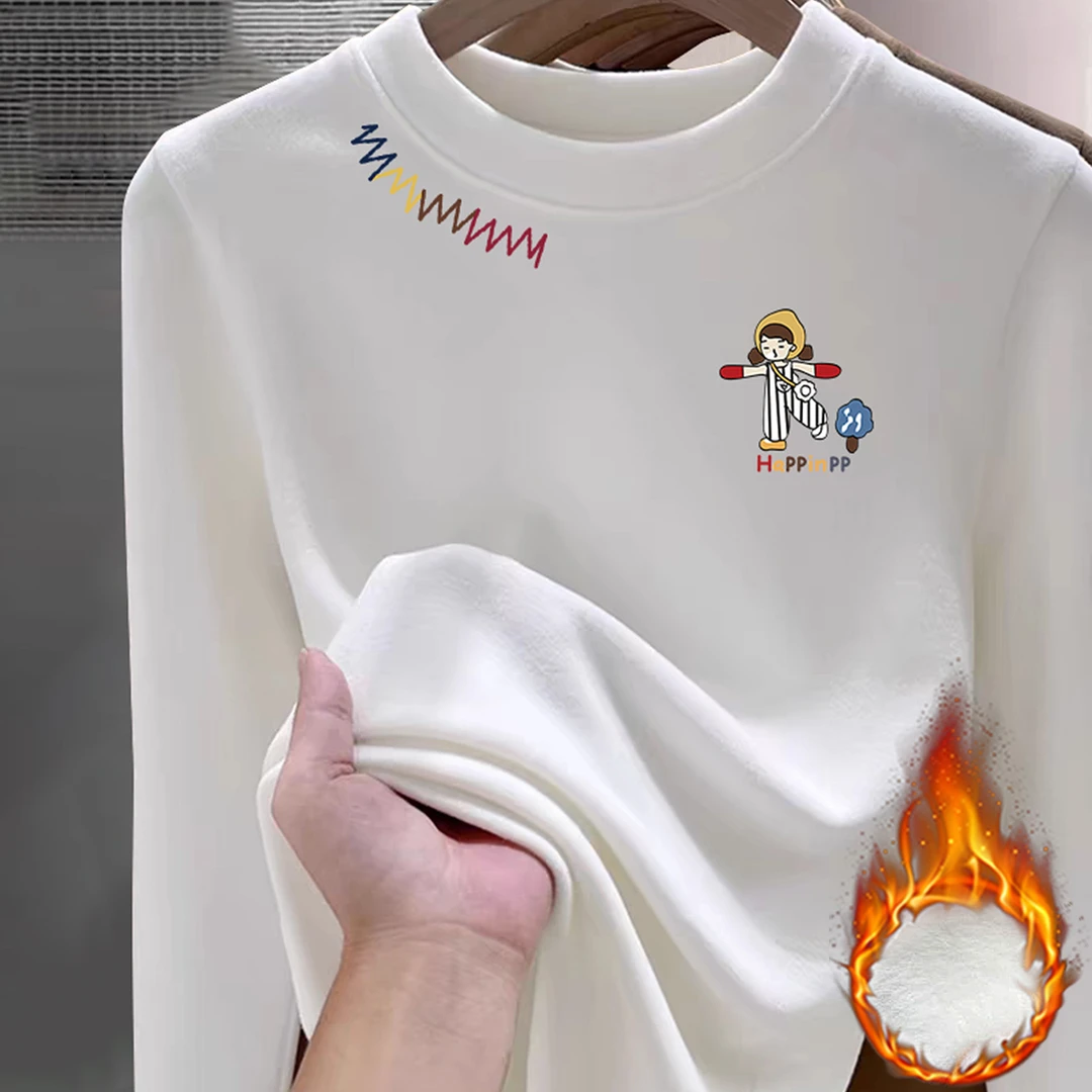 德绒正肩长袖t恤女内搭2025秋冬磨毛加绒宽松百搭别致洋气上衣ins