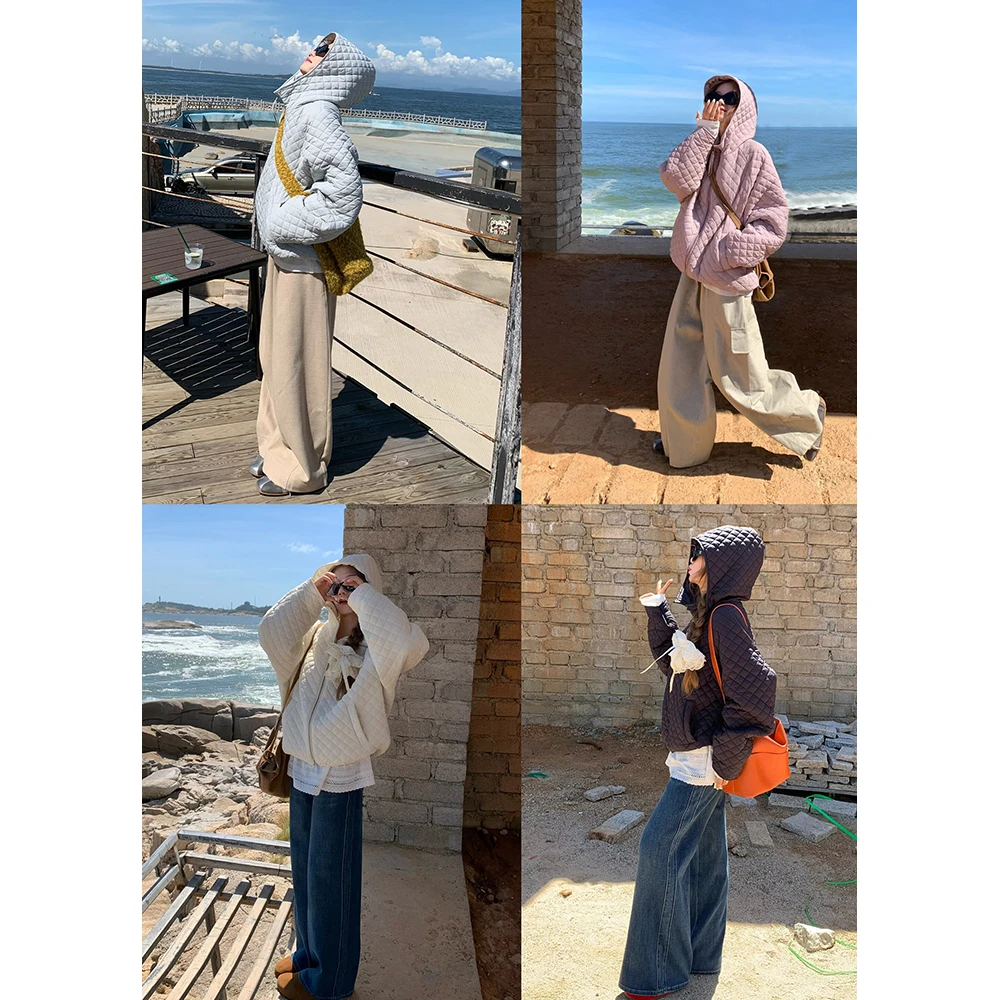 秋冬加厚菱格连帽立领棉衣外套女宽松显瘦长袖棉服上衣 81382