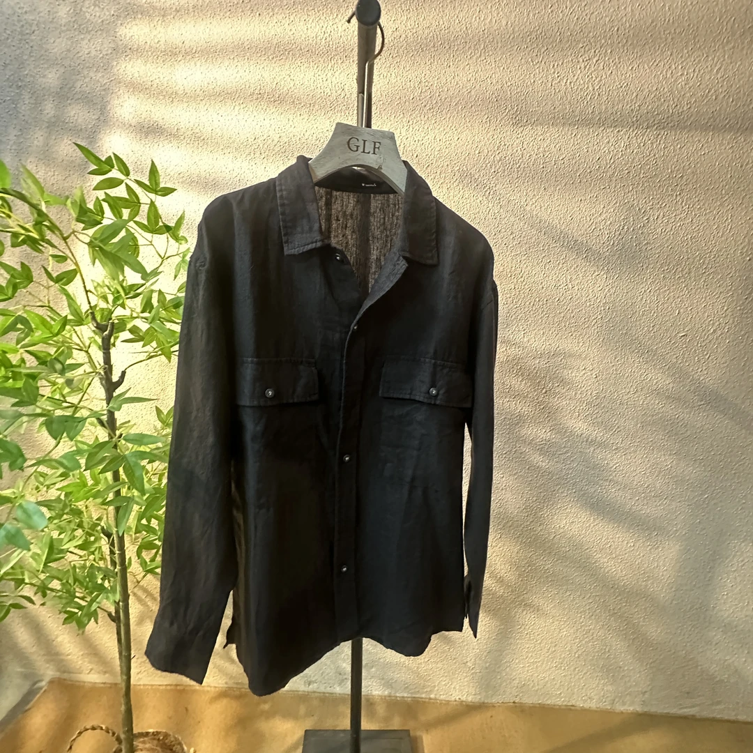 男女同款麻长袖口袋款衬衣