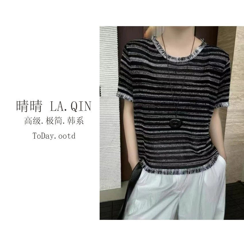 晴晴家-【渡口故事】韩系时尚休闲潮流宽松百搭条纹短袖T恤1179