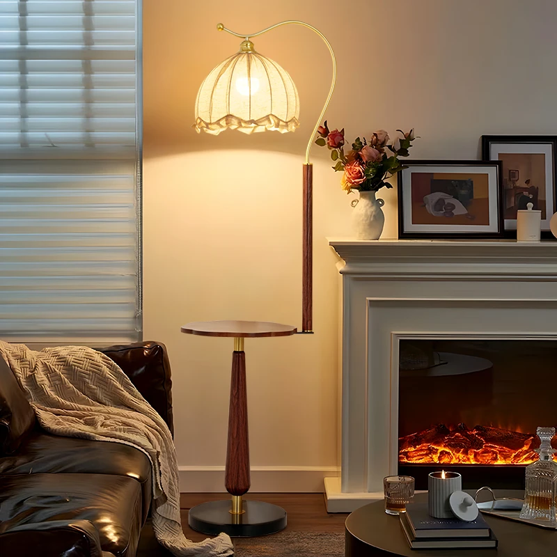 法式客厅中古风落地灯网红诧寂风中式复古床头美式置物架一体灯具