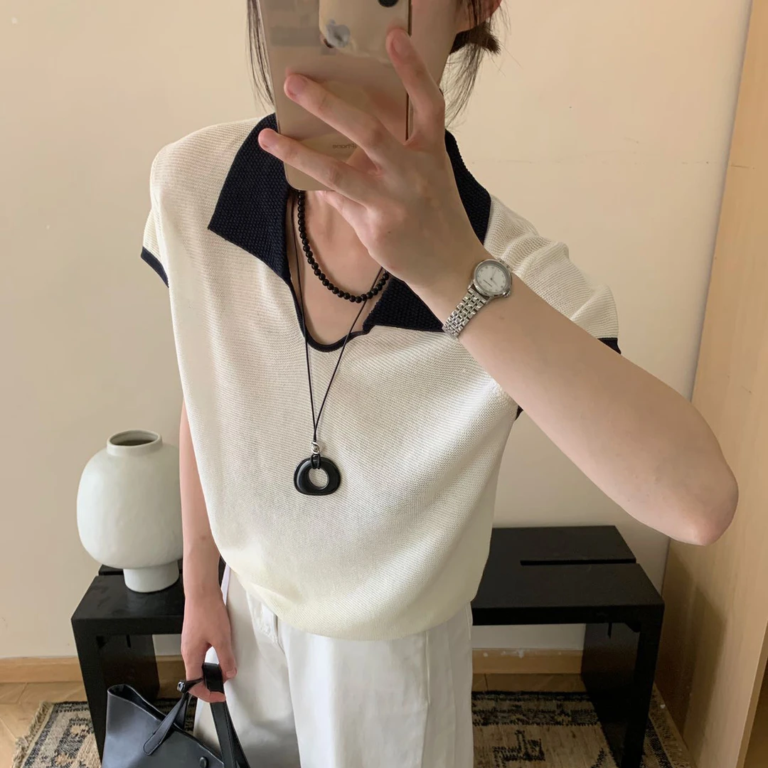 2025夏新款韩版设计感短袖针织衫时尚显瘦拼色上衣女翻领冰丝t恤