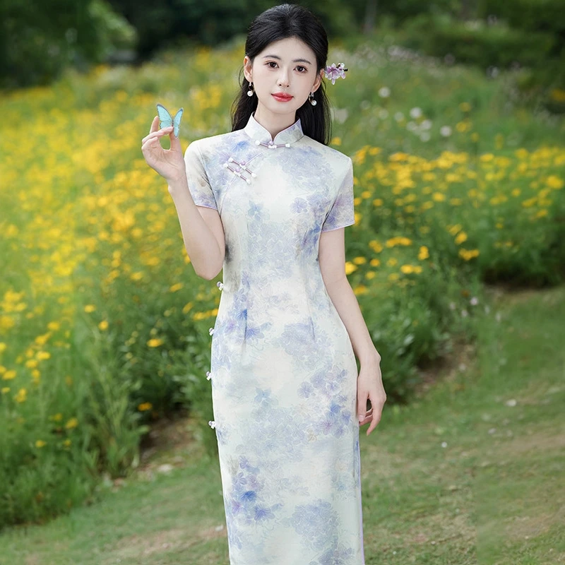 紫色新中式长款改良旗袍2025新款年轻款女民国风复古修身短袖夏季