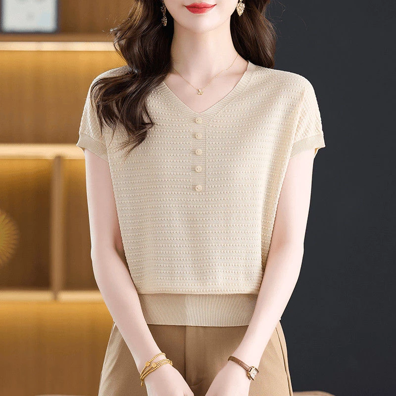 2025夏季短袖宽松显瘦薄款针织衫时尚洋气妈妈中年纯色V领上衣女