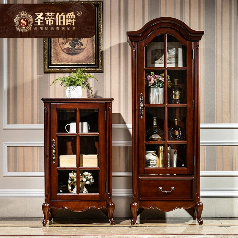 简约美式实木高矮附柜客厅收纳柜欧式酒柜高低柜组合带指纹锁