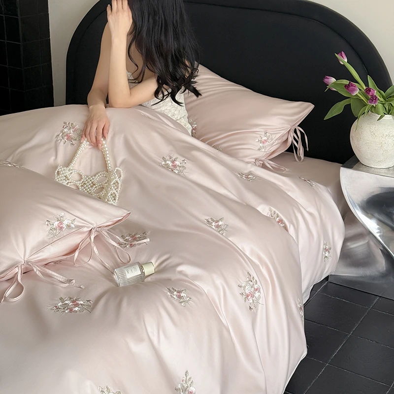 水星家纺适用全棉四件套粉色少女心公主风长绒棉刺绣玫瑰花纯四件