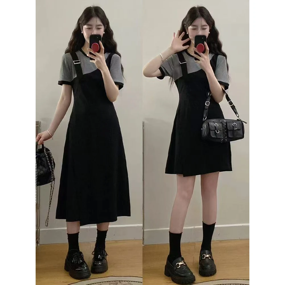 夏季装新款胖mm设计感假两件拼接连衣裙显瘦背带裙休闲大码连衣裙