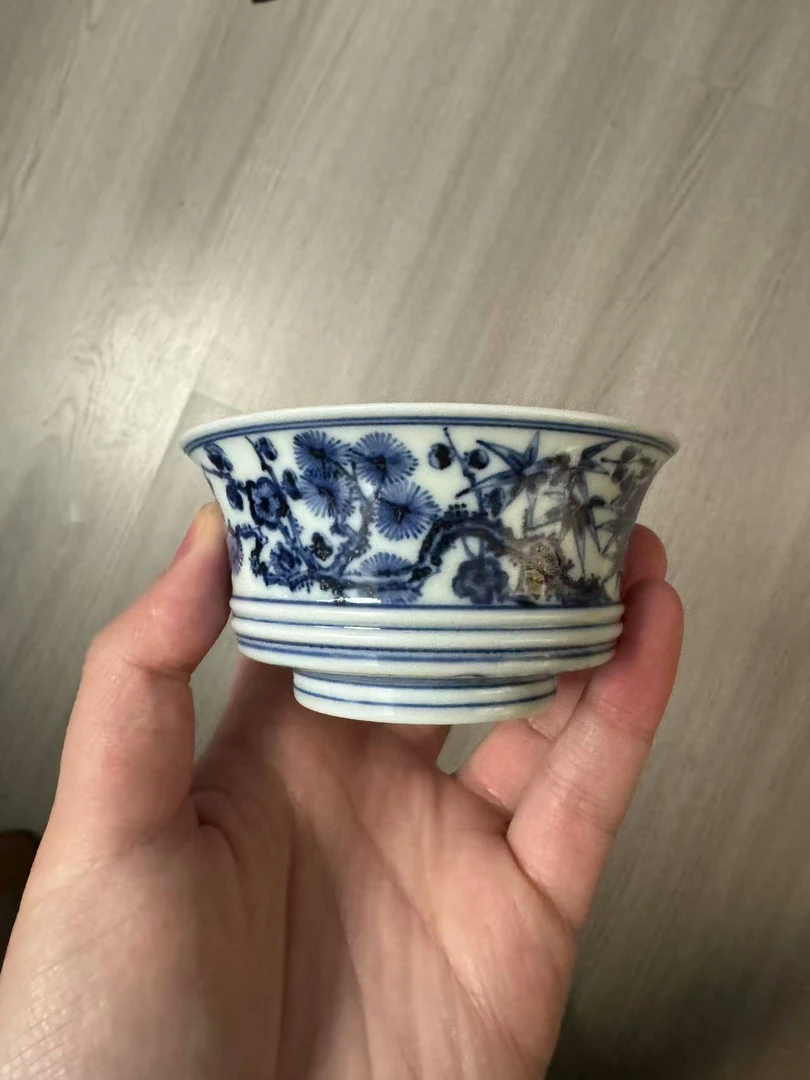 【大海明信片】柴窑青花松竹梅马蹄杯景德镇陶瓷主人杯