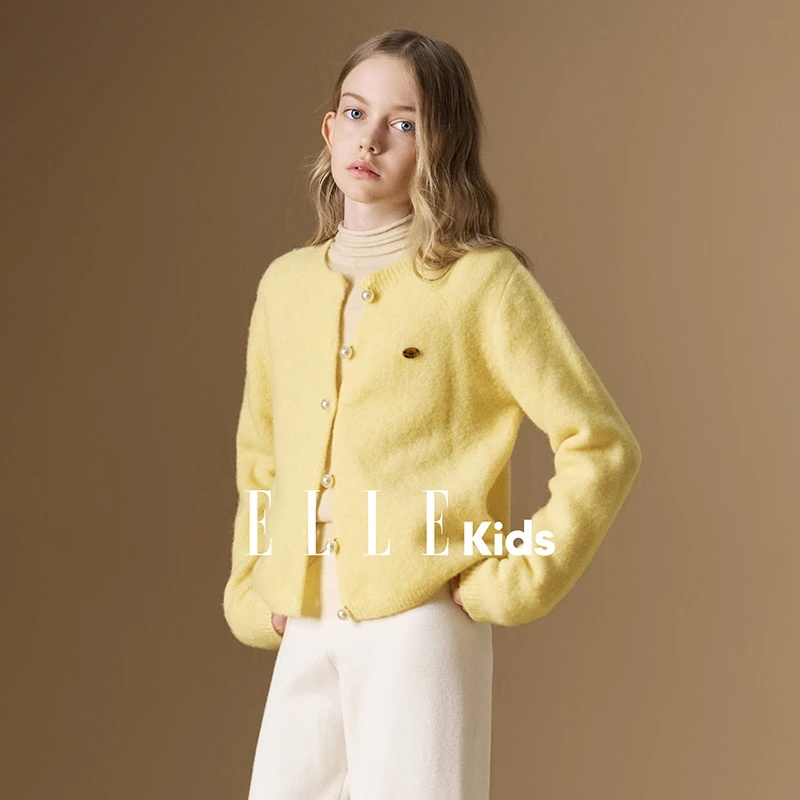 ELLE KIDS 羊毛混纺针织开衫女童秋季新款学院风珍珠纽扣毛衣Q5