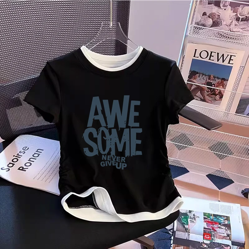 假两件收腰短袖t恤女2025新款圆领拼接时尚减龄修身显瘦上衣夏季