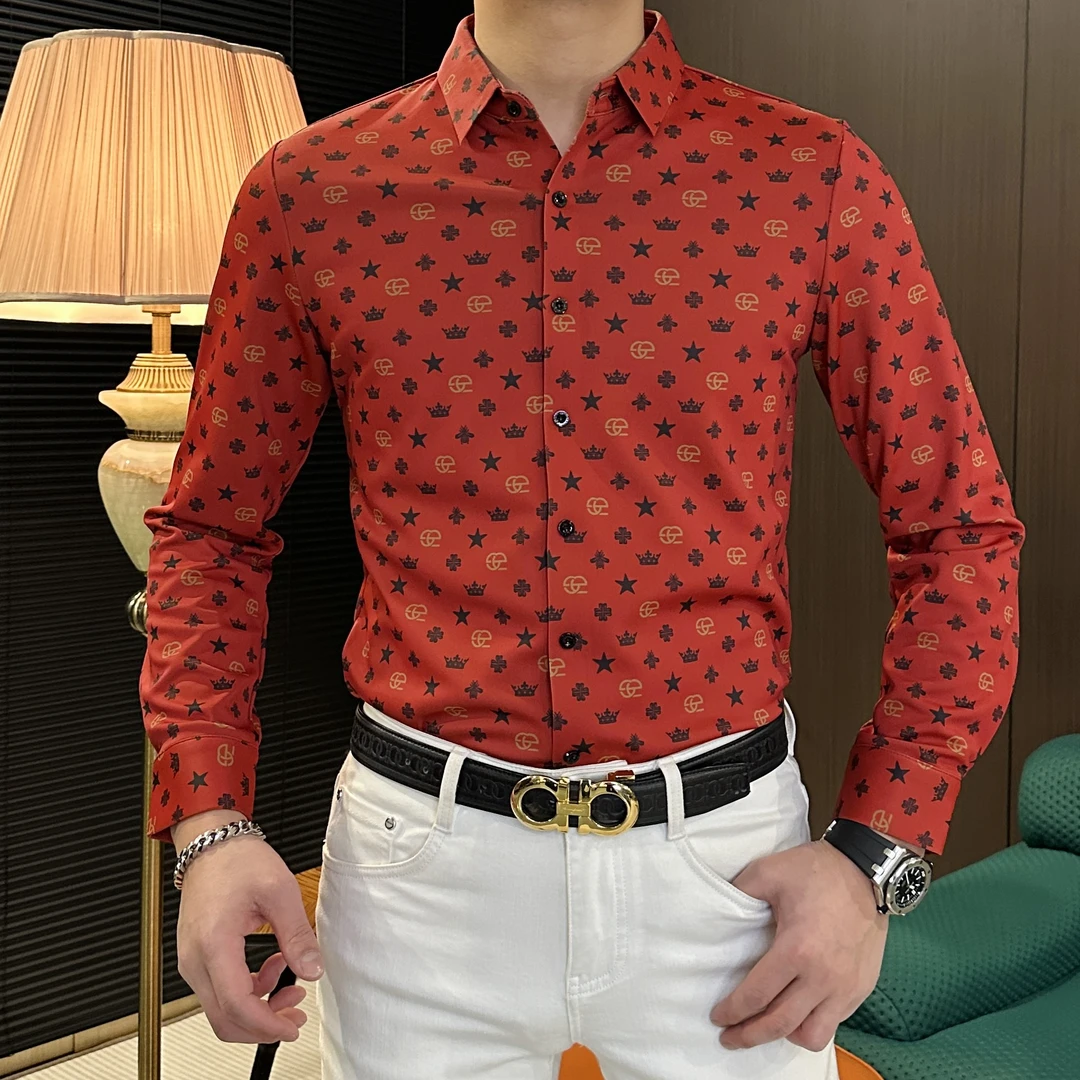 潮牌修身经典时尚加绒个性字母提花衬衫男士长袖衬衣
