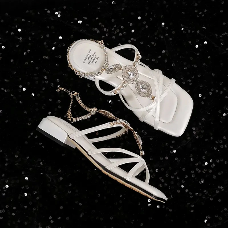 羊皮版~法式绝美仙女风平底白色凉鞋女款夏季外穿2024新款配裙子