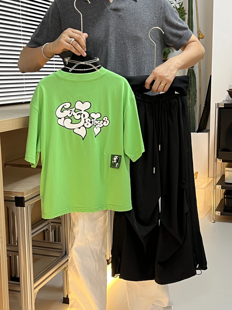 NanMeng自制-2025ss【乐迟爱心绿色潮T】男女童夏季时尚绿色短袖