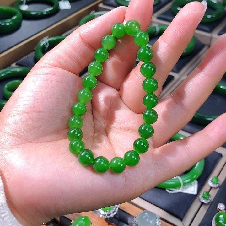 未镶嵌手串和田玉（碧玉）冰底艳阳绿手串