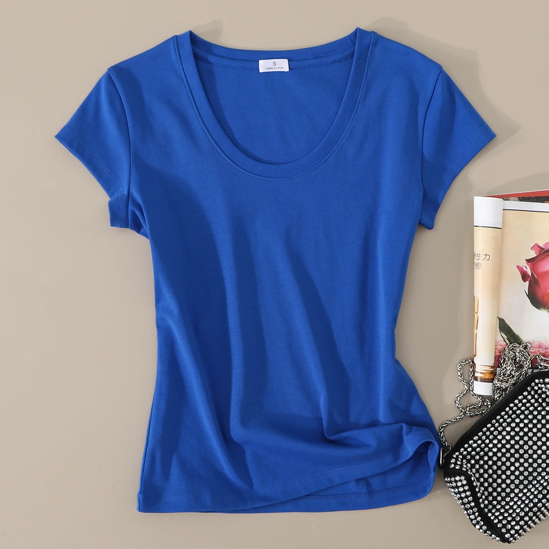 星有光 气质大圆领修身显瘦弹力短袖纯色t恤女薄款显瘦上衣夏款