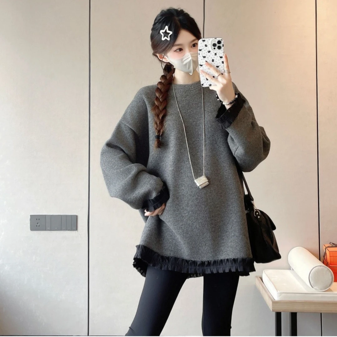 韩版大版压皱打底衫2025秋新花边拼接中长款加绒加厚卫衣上衣6955