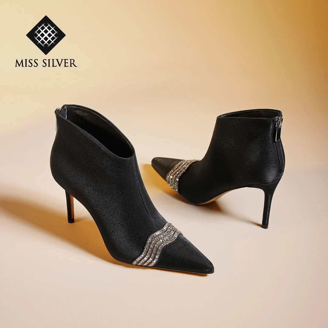 MISSSILVER高跟短靴女2025冬季新款真皮尖头时尚踝靴气质水钻靴子