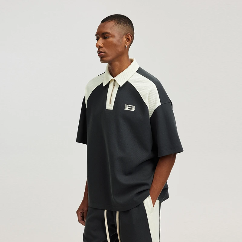 BONELESS拼接肌理美式复古polo领T恤春夏季男国潮半拉链宽松短袖