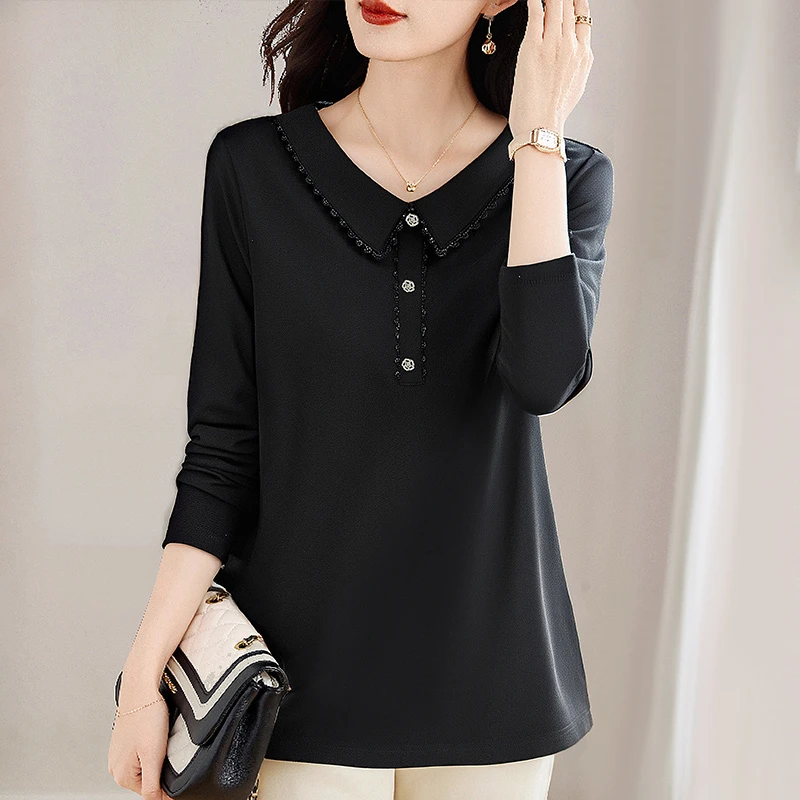 秋装长袖t恤女士新款休闲POLO领宽松减龄上衣大码女装黑色打底衫