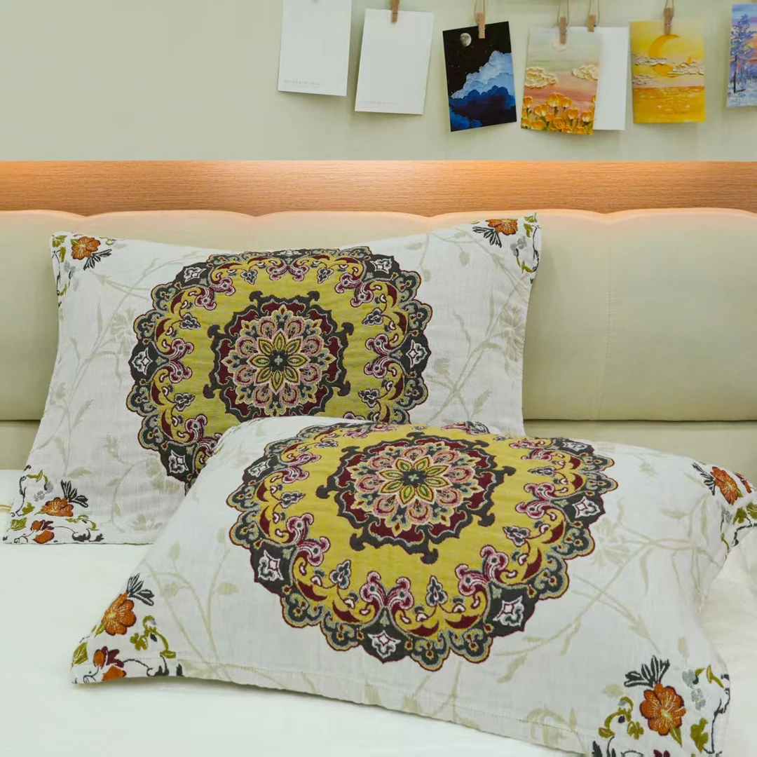 神秘西曼陀罗提花复古保暖双人枕巾一对装