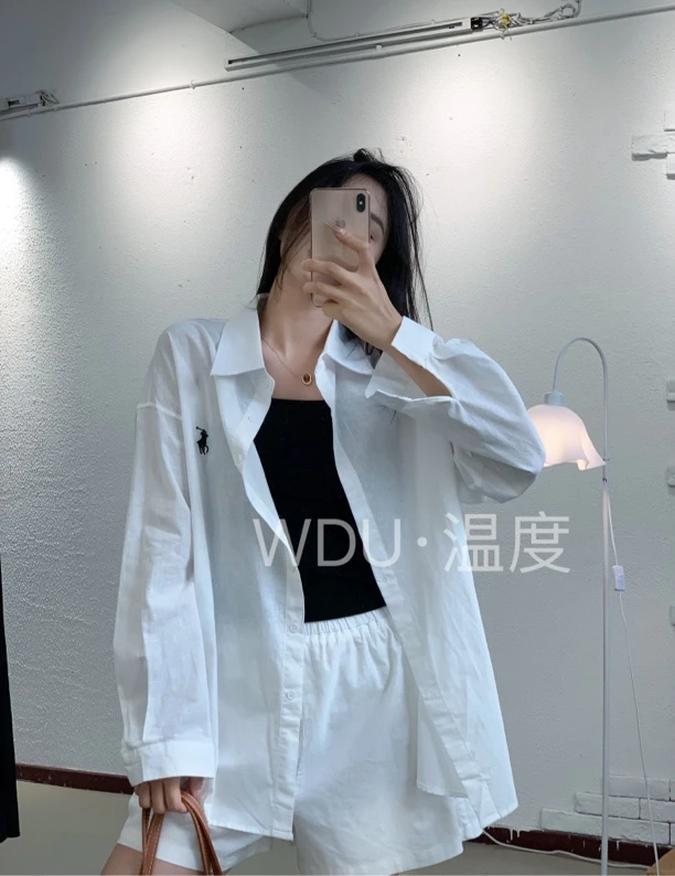 休闲防晒宽松长袖衬衫搭配短裤女夏季新款轻薄透气套装