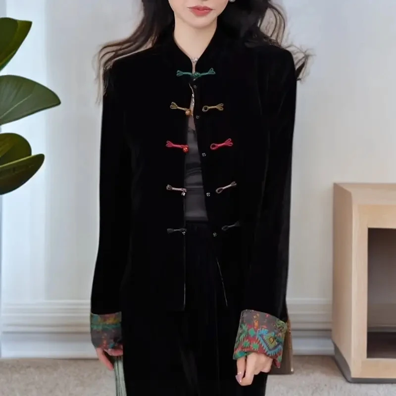 新中式国风印花盘扣黑色丝绒外套女2025新款气质双面穿宽松上衣潮