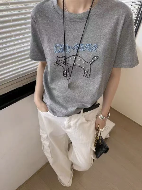 欧货灰色钉珠短袖T恤女装2025初夏穿搭洋气宽松正肩圆领体恤上衣