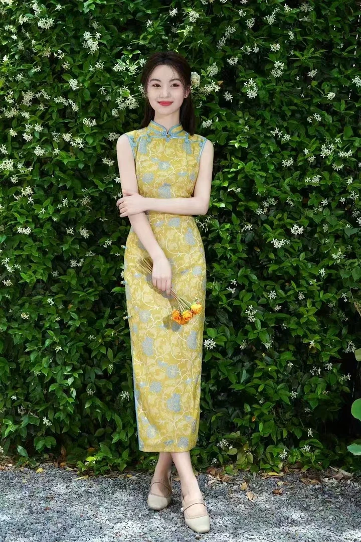 【华夫人】黄色提花缎送考日常气质修身旗袍衣长120