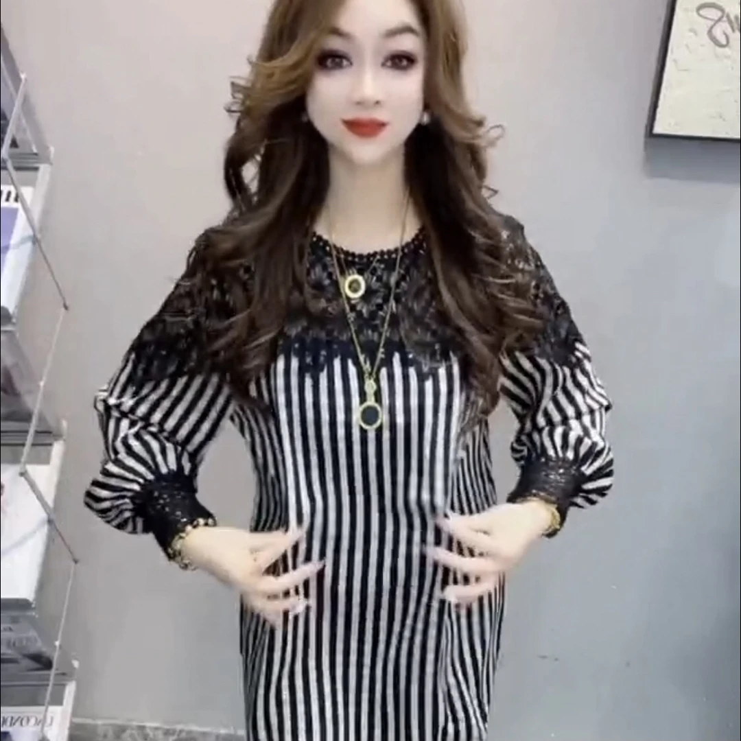 优雅气质时尚条纹蕾丝衬衫女25春新款设计宽松遮肚显瘦长袖上衣潮