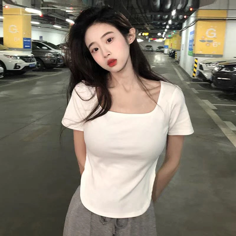 D1013-1夏季设计感小众方领两侧开叉甜辣妹纯欲T恤