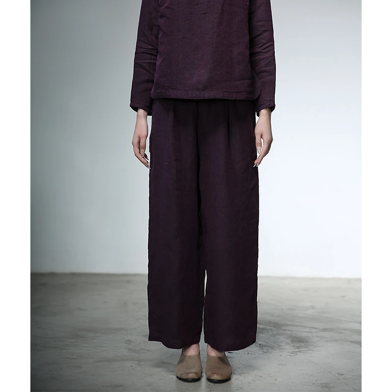 6673新款春夏凝夜紫休闲阔腿裤女松紧高腰百搭直筒小个子长裤