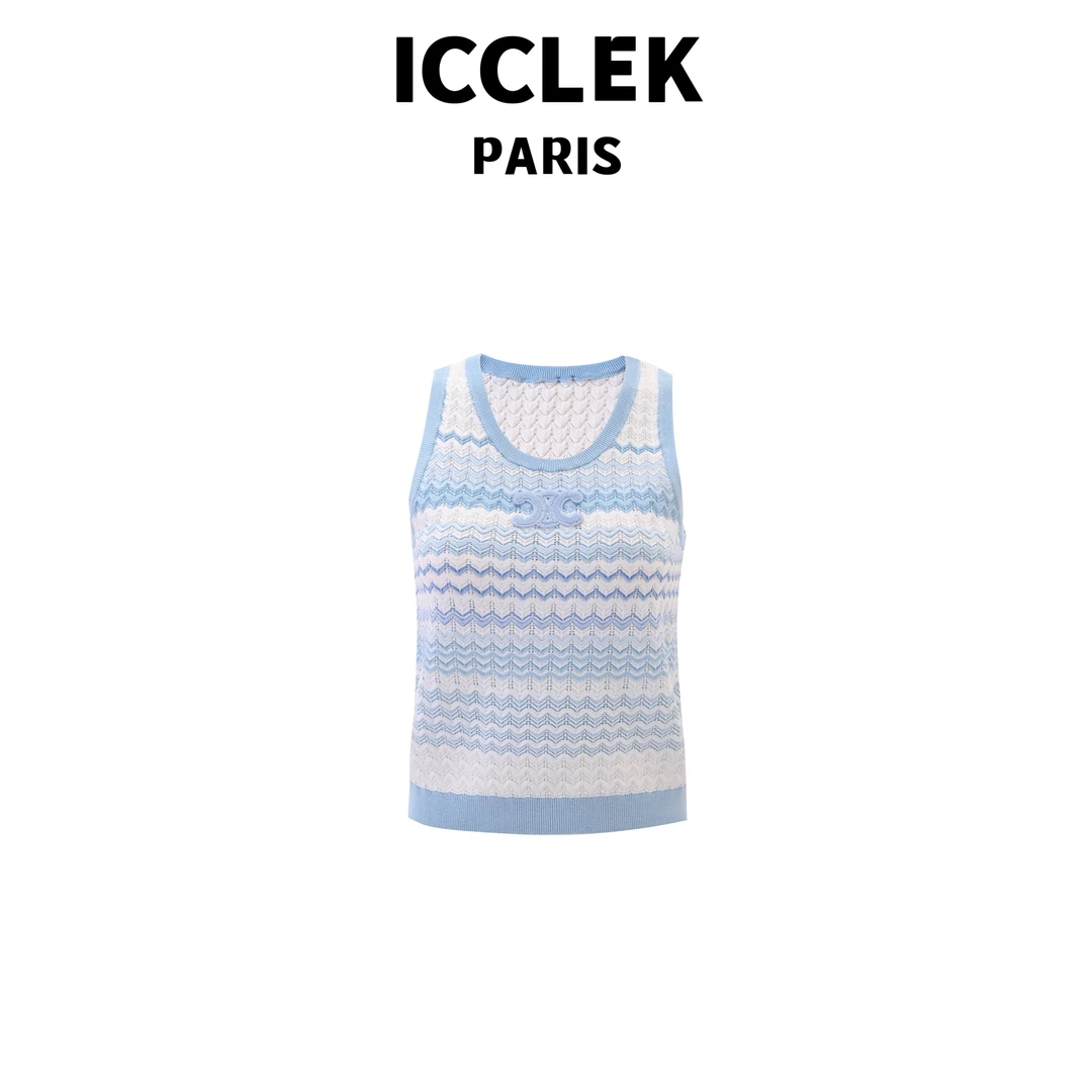 ICCLEK  蓝色波浪纹针织夏季背心无肩显瘦简约时尚百搭短袖 -5479