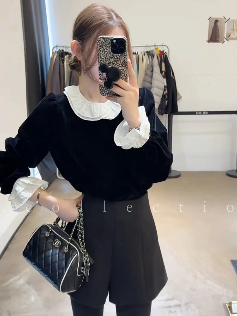 秋冬法式小资小上衣重要场合独特漂亮高级感洋气通勤黑色丝绒衬衫