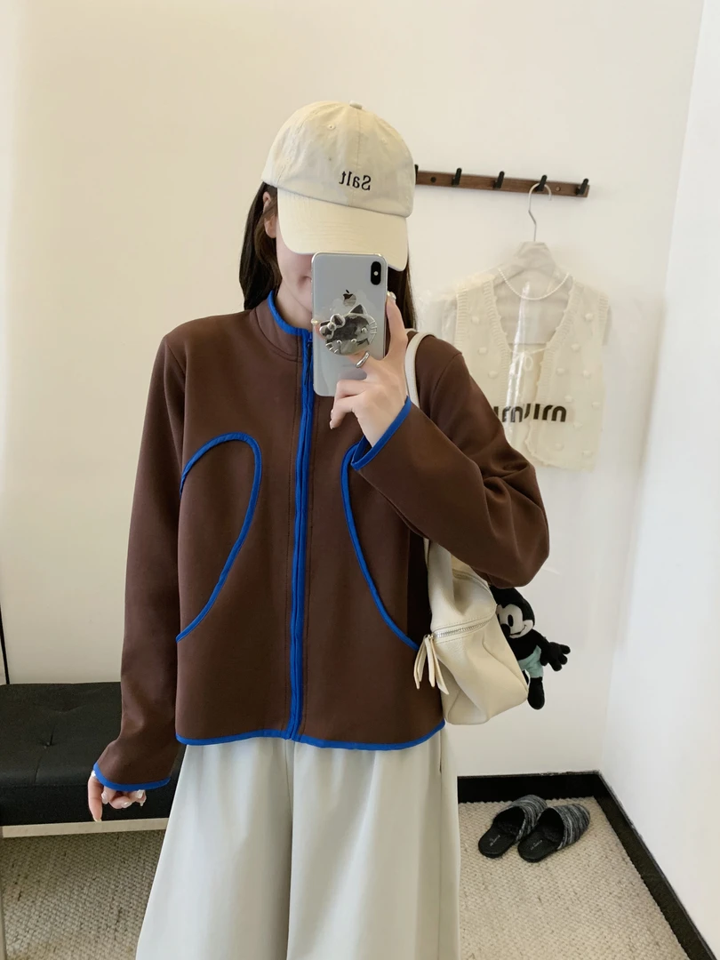 程程甄选  韩系时尚撞色包边口袋常规款休闲外套735