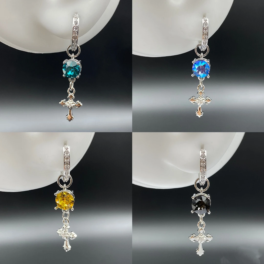 合金耳饰 超美进口华子耳坠十字镶嵌6mm彩色钻耳垂耳夹轻奢独特