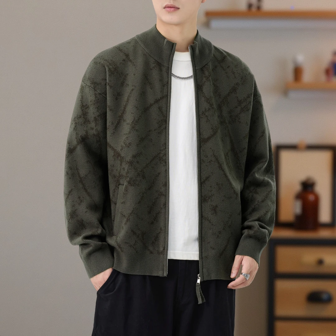 精致格调花纹针织开衫立领毛衣男士秋冬新款潮牌复古宽松休闲外套