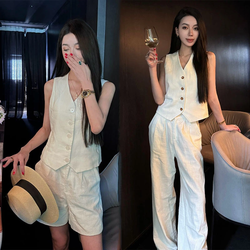 老钱风休闲白色马甲透气舒适棉麻阔腿裤时尚套装气质夏季两件套女