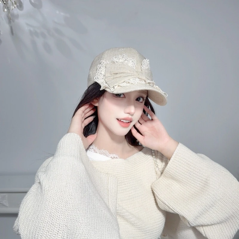 NIUYANG 原创日系甜美亚麻硬顶棒球帽蕾丝大蝴蝶结质雅百搭鸭舌帽